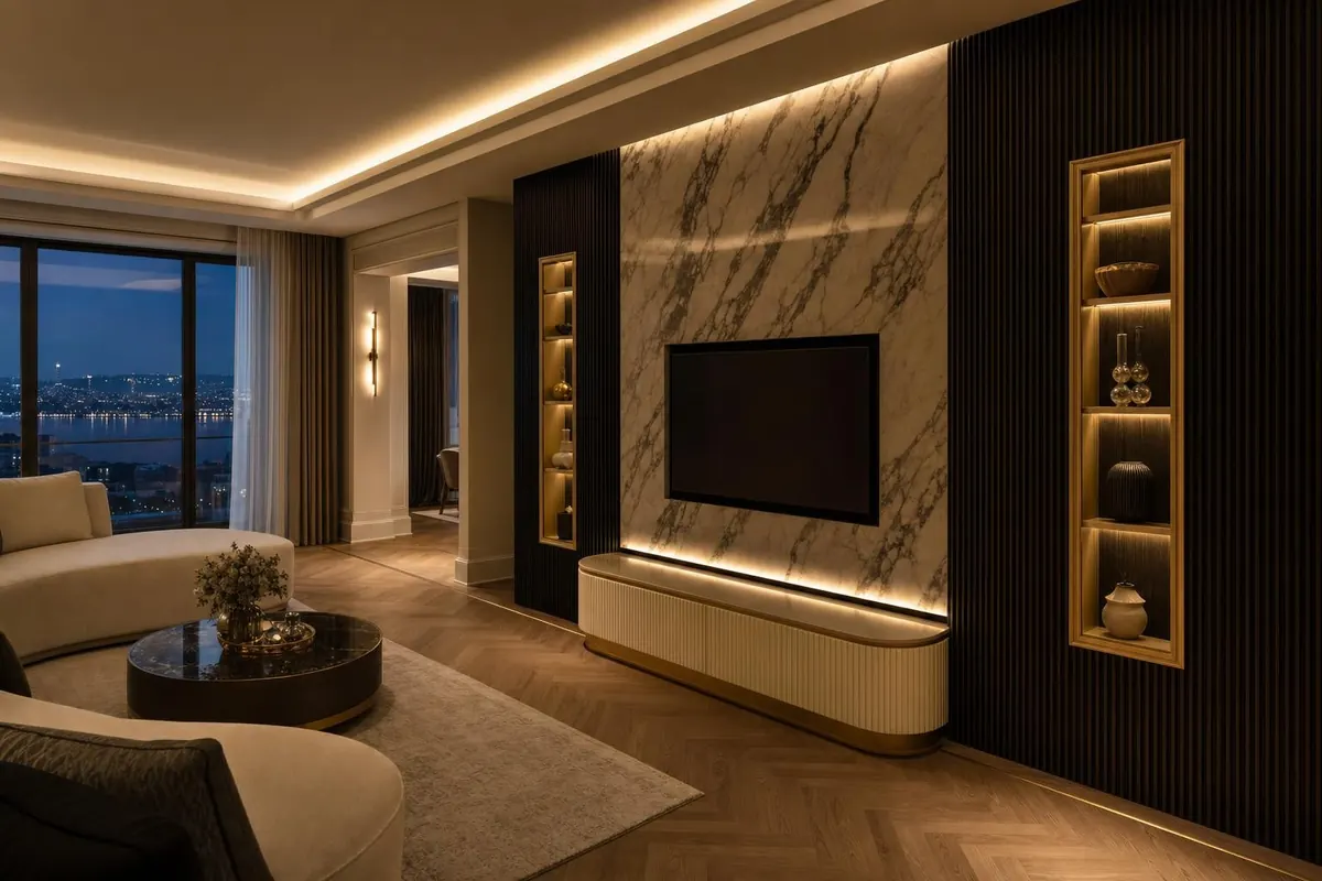 Mermer panel, fitilli kaplama ve içten aydınlatmalı pirinç nişlerden oluşan salon TV duvarı görselleştirmesi