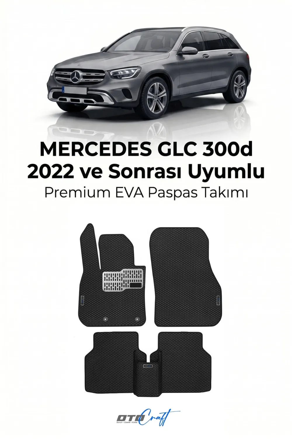 Mercedes GLC için EVA paspas ilan kapağı: araç fotoğrafı, model adı ve beş parçalık takım